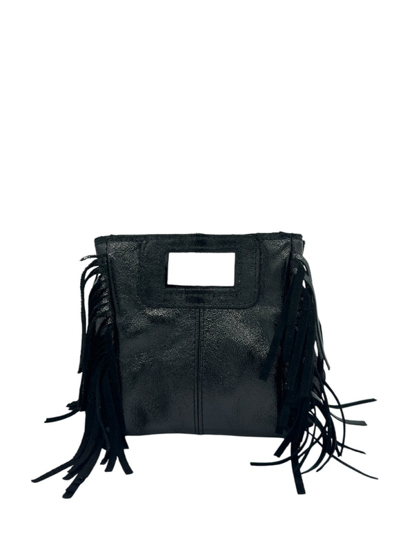 Borsa Frange Piccola Nera in Pelle Laminata