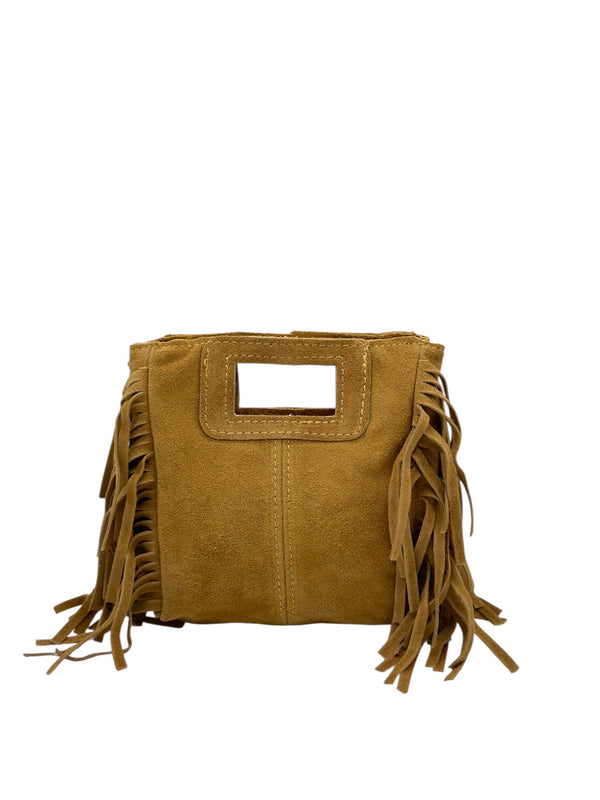 Borsa Frange Piccola Cuoio Chiaro in Pelle Scamosciata